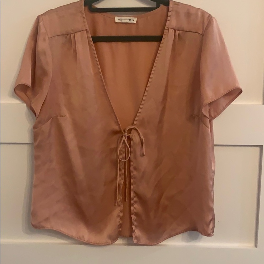 Pink silk tie front top